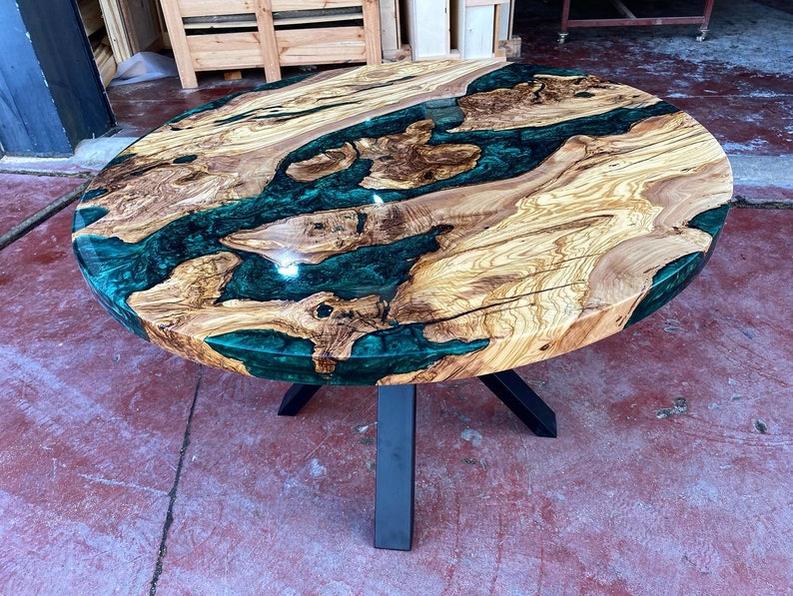 Custom Rosewood Live Edge Dark Emerald Resin Epoxy Table - Handcrafted Artistry-Tables-BEESARI