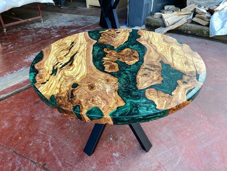 Custom Rosewood Live Edge Dark Emerald Resin Epoxy Table - Handcrafted Artistry-Tables-BEESARI