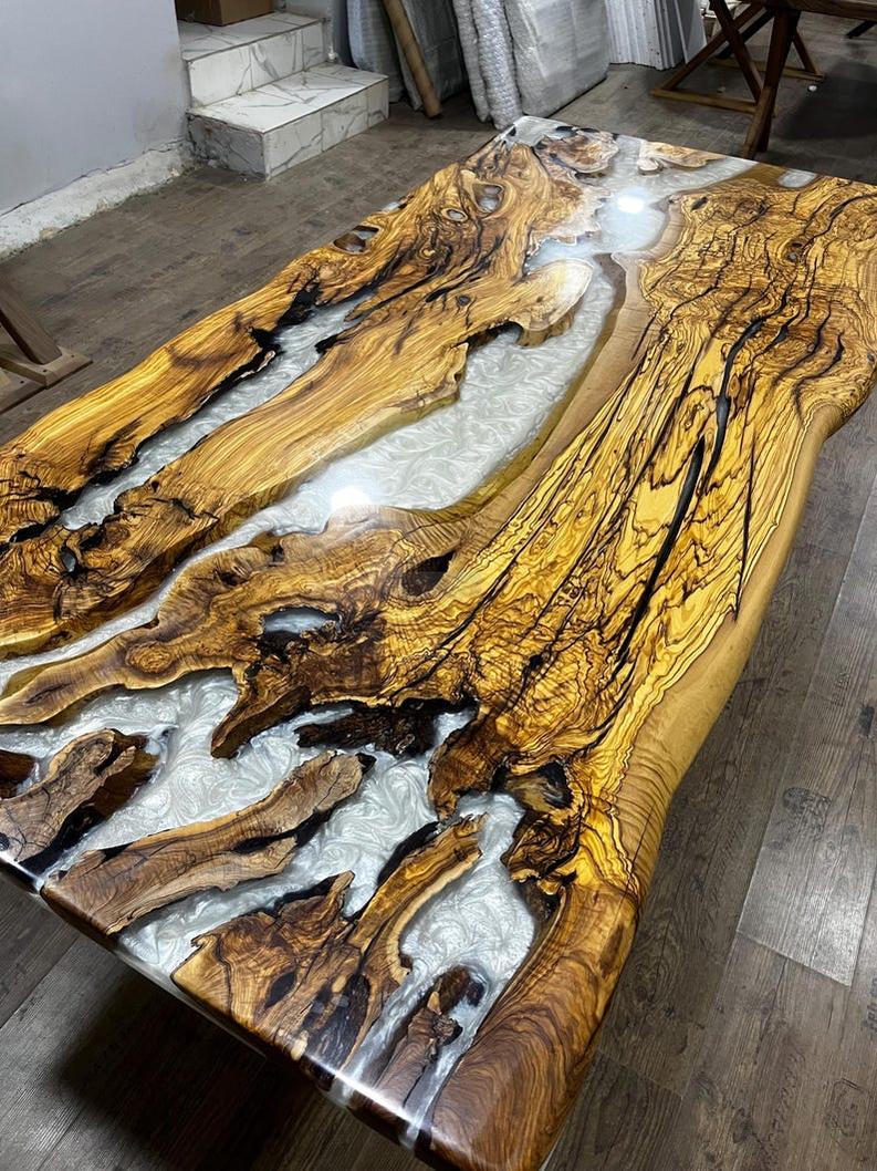 Custom White Resin Epoxy Live Edge Table Top - Handcrafted Modern Design-Tables-BEESARI