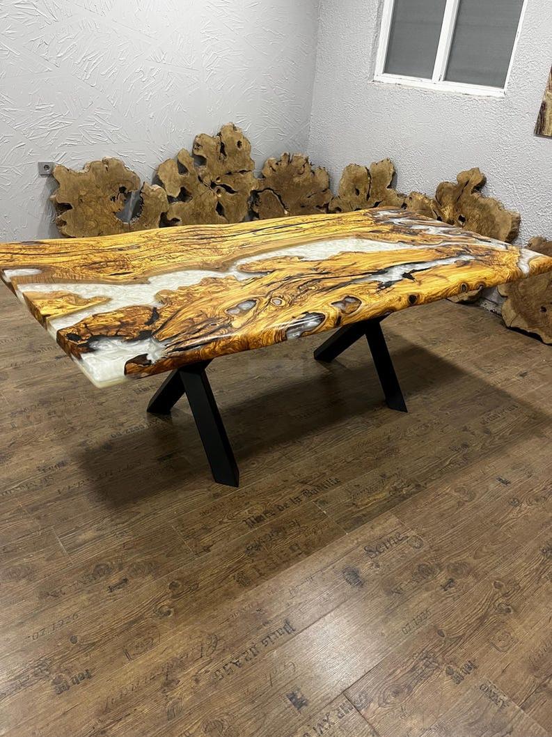 Custom White Resin Epoxy Live Edge Table Top - Handcrafted Modern Design-Tables-BEESARI