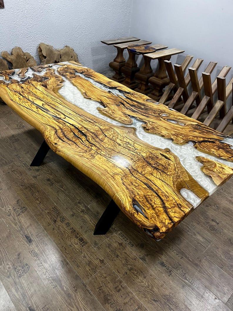 Custom White Resin Epoxy Live Edge Table Top - Handcrafted Modern Design-Tables-BEESARI