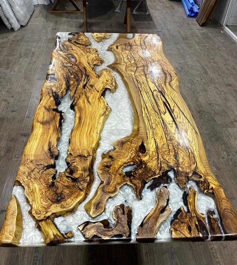 Custom White Resin Epoxy Live Edge Table Top - Handcrafted Modern Design-Tables-BEESARI