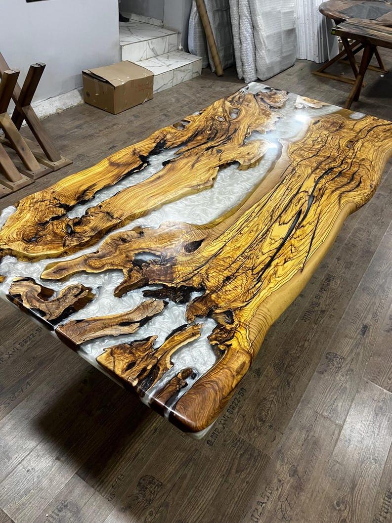 Custom White Resin Epoxy Live Edge Table Top - Handcrafted Modern Design-Tables-BEESARI