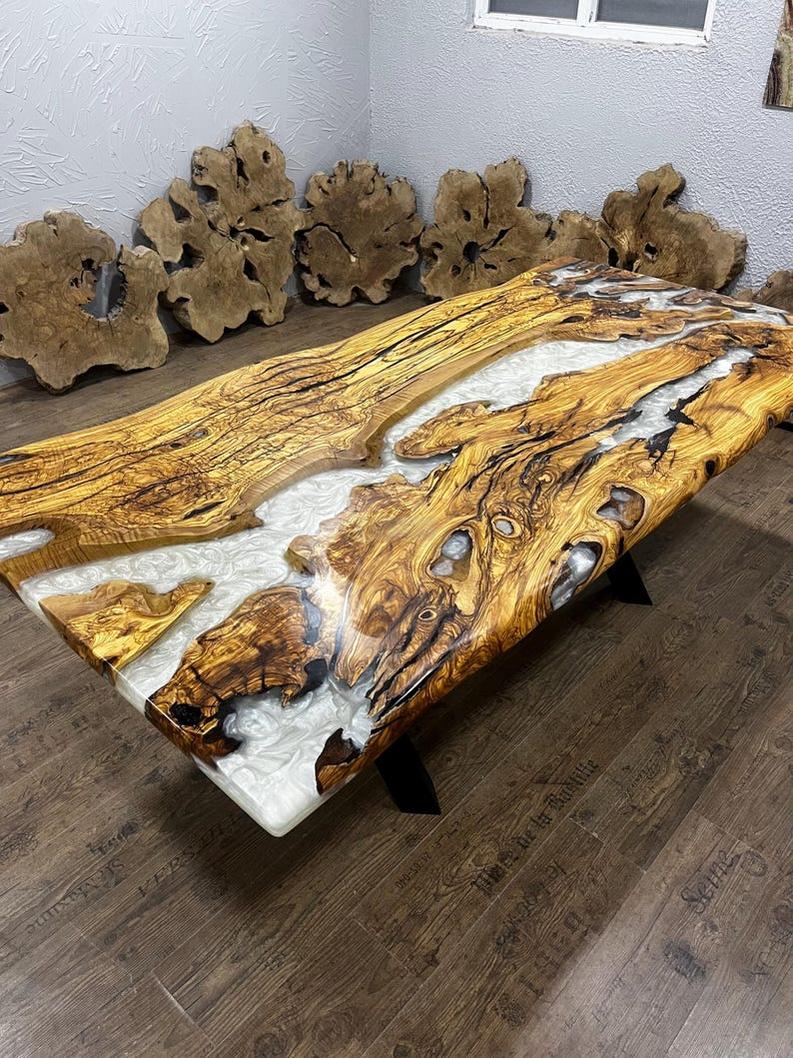 Custom White Resin Epoxy Live Edge Table Top - Handcrafted Modern Design-Tables-BEESARI