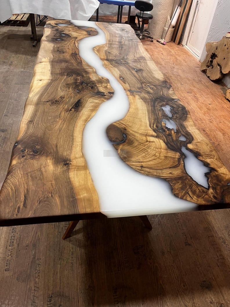 Custom White Resin Epoxy Live Edge Table Top - Handcrafted Modern Design-Tables-BEESARI