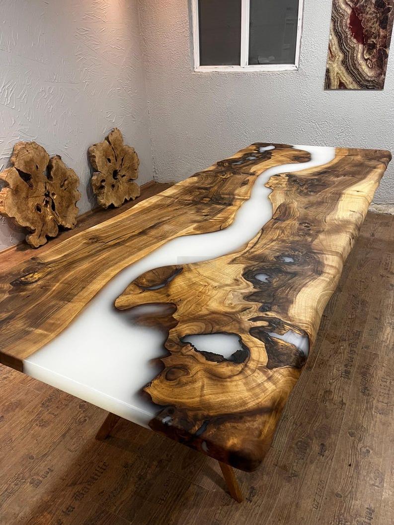 Custom White Resin Epoxy Live Edge Table Top - Handcrafted Modern Design-Tables-BEESARI