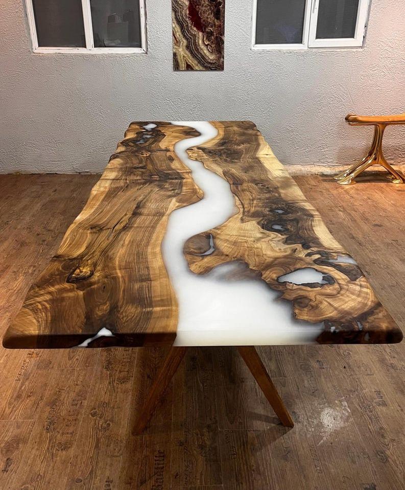 Custom White Resin Epoxy Live Edge Table Top - Handcrafted Modern Design-Tables-BEESARI