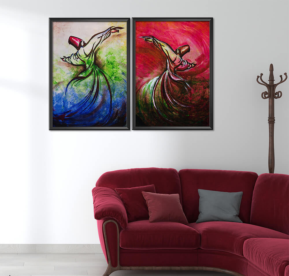 Darwesh Sufi Dancers Oil Paint II (2 Panel) Sufi Wall Art