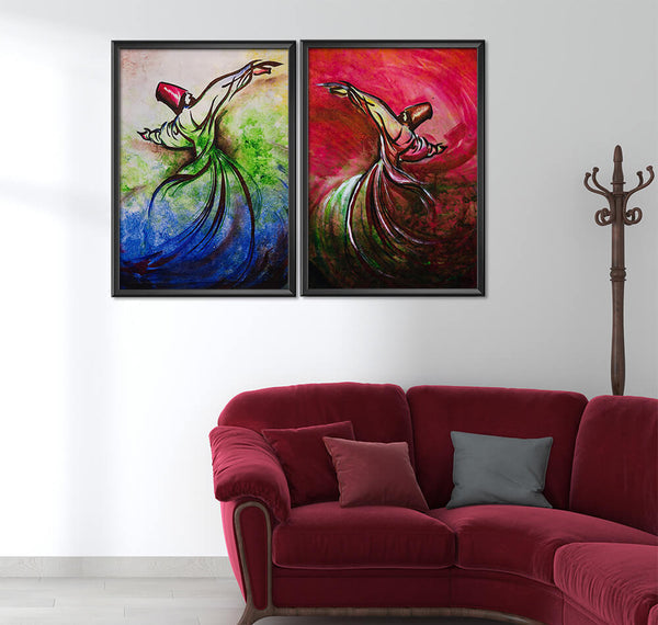 Darwesh Sufi Dancers Oil Paint II (2 Panel) Sufi Wall Art