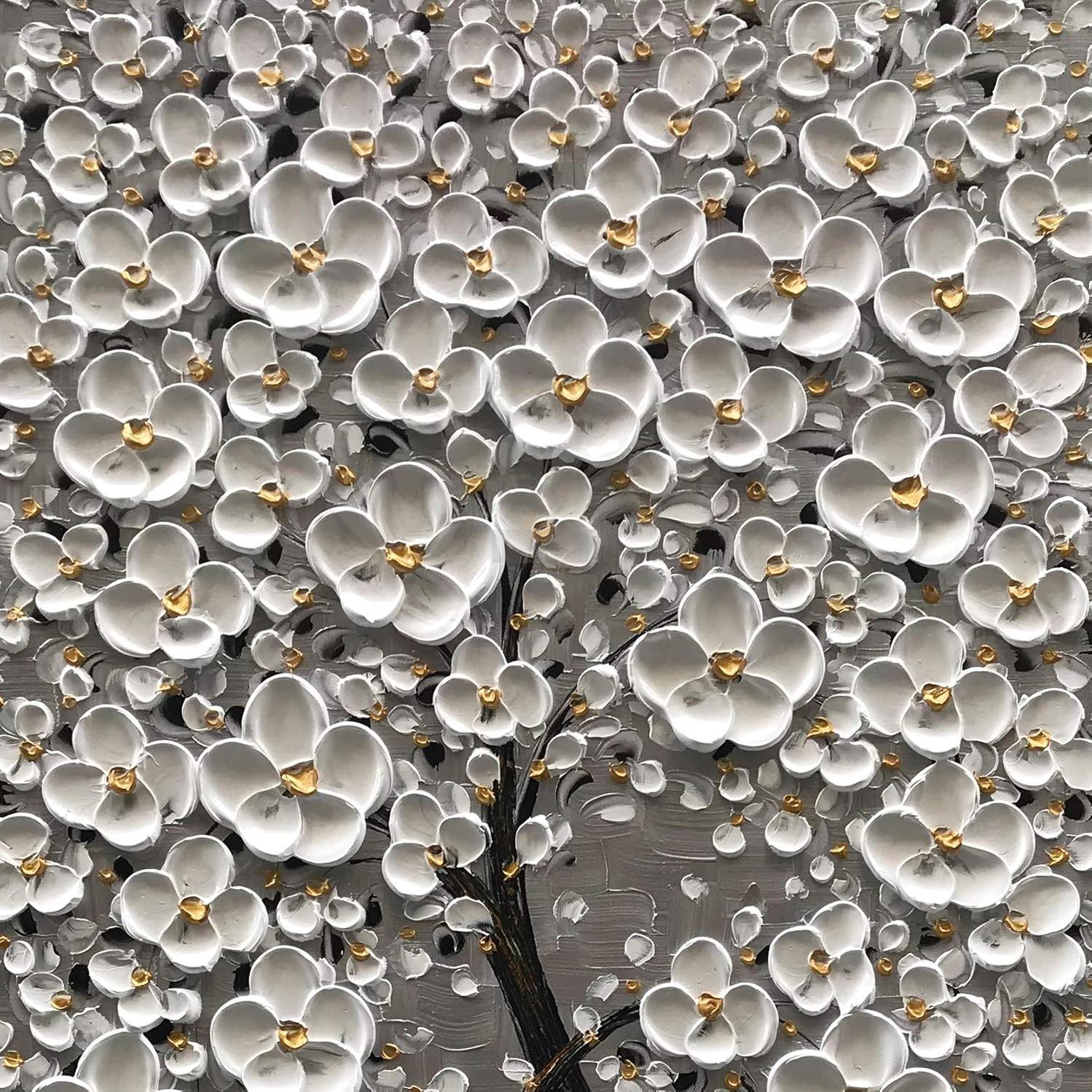 Epicler 100% Hand-Painted Flower Tree Mural, 3D Vertical Abstract Oil Painting, White Flower Art Wall Decoration, Living Room, Bedroom, Dining Room Mural-Painting-BEESARI