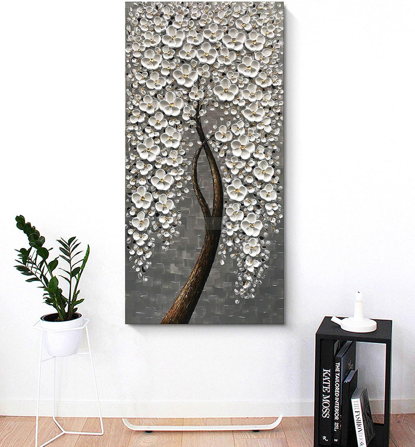 Epicler 100% Hand-Painted Flower Tree Mural, 3D Vertical Abstract Oil Painting, White Flower Art Wall Decoration, Living Room, Bedroom, Dining Room Mural-Painting-BEESARI