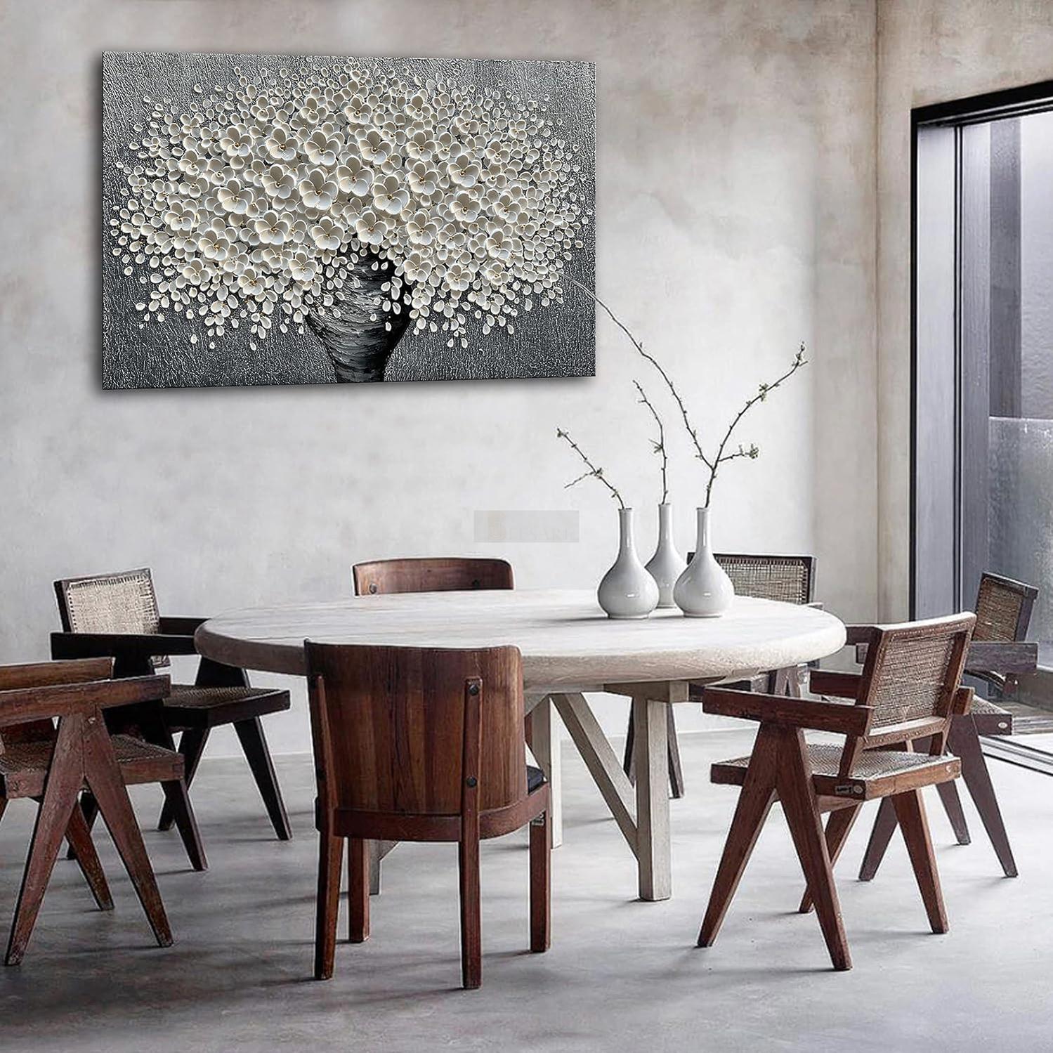 Epicler Hand-Painted Oil Painting, White Bouquet Oil Painting, Canvas Wall Decoration Painting-Painting-BEESARI