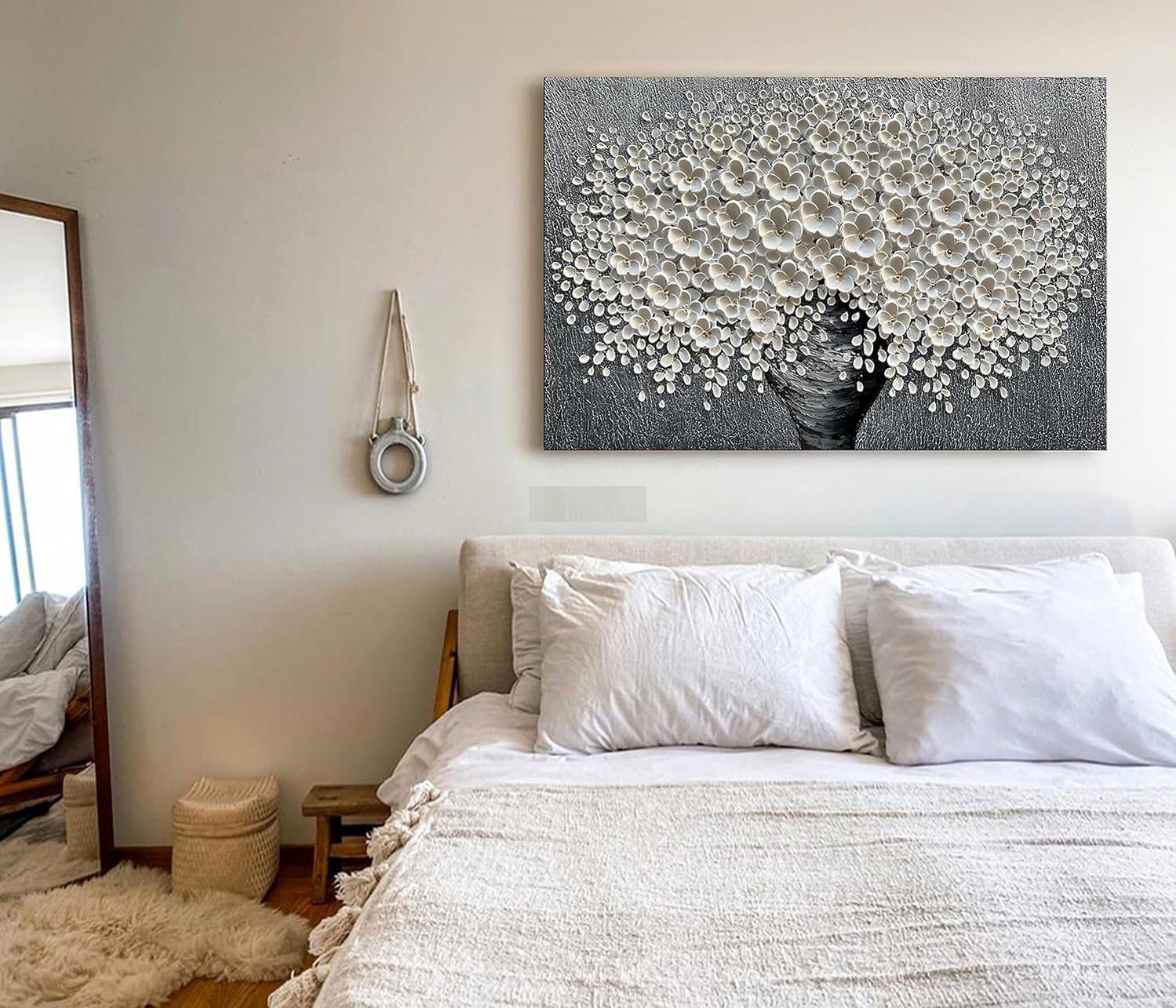 Epicler Hand-Painted Oil Painting, White Bouquet Oil Painting, Canvas Wall Decoration Painting-Painting-BEESARI