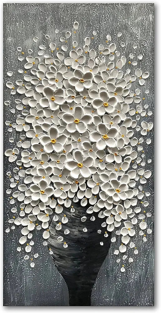 Epicler Hand-Painted Painting for Wall Decoration, White Bouquet in vase, Home Wall Decoration.-Painting-BEESARI