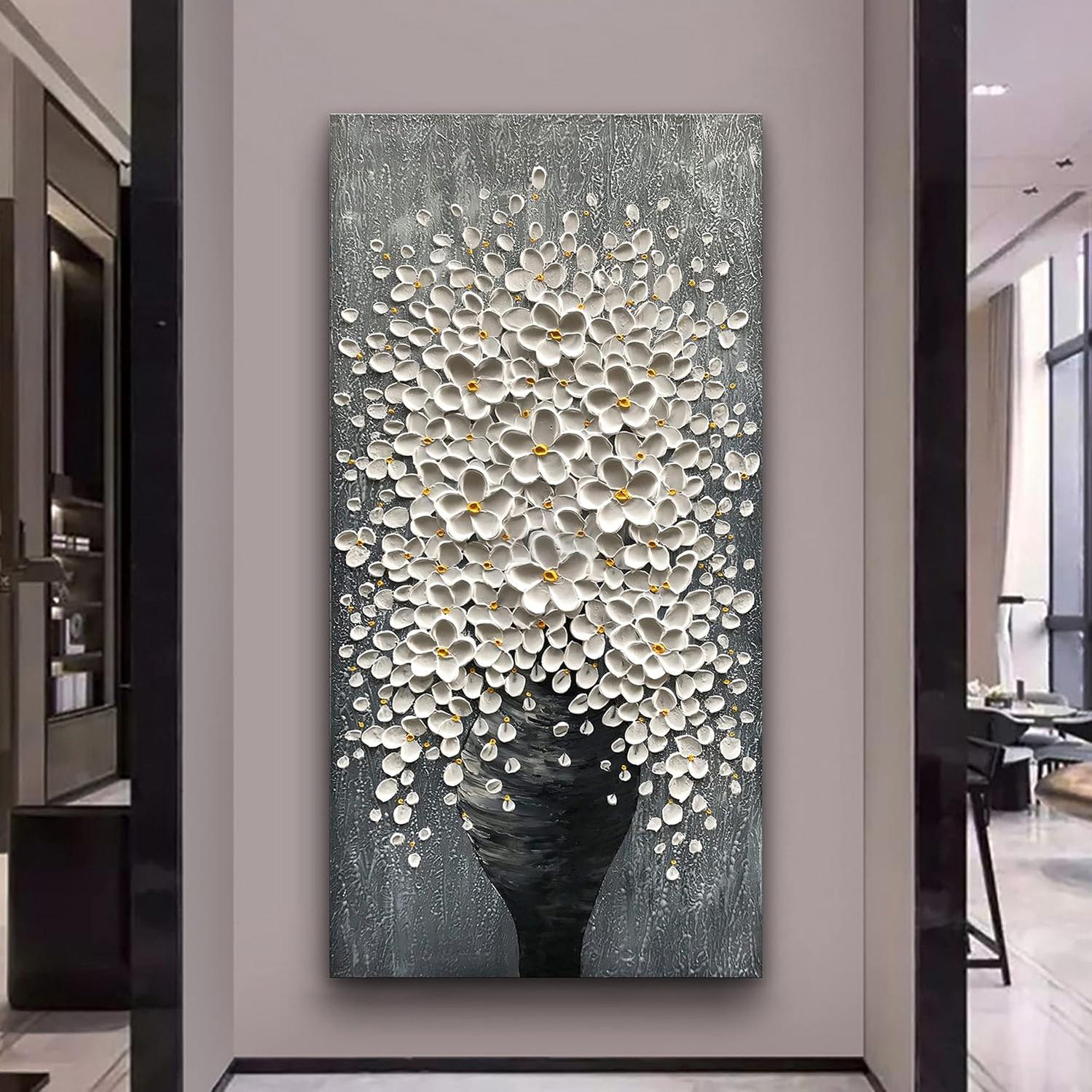 Epicler Hand-Painted Painting for Wall Decoration, White Bouquet in vase, Home Wall Decoration.-Painting-BEESARI