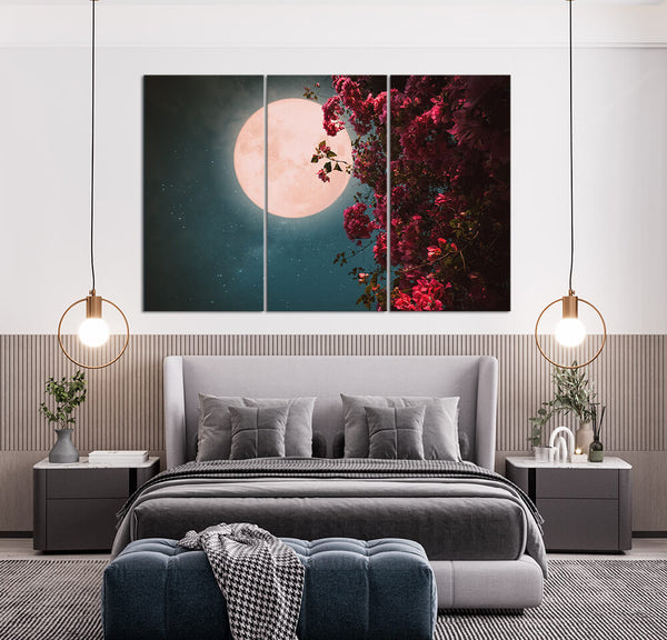 Full Moon Behind the Red Lilies (3 Panel) Landscape Wall Art