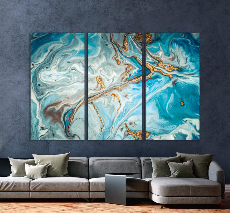 Gold Sea Blue Marble (3 Panel) Abstract Wall Art