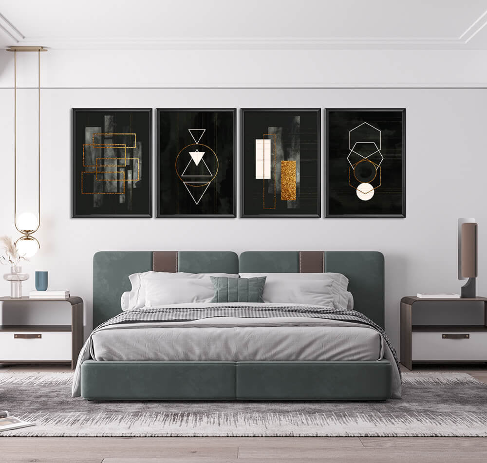 Geometric Gold & White Abstract Shapes On Black Background (4 Panel)
