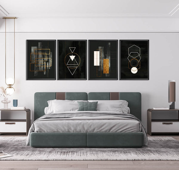 Geometric Gold & White Abstract Shapes On Black Background (4 Panel) D