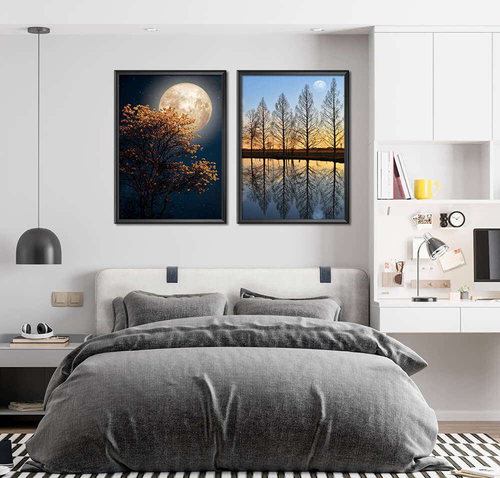 Gorgeous Full Moon in Countryside Trees (2 Panel) Nature Wall Art