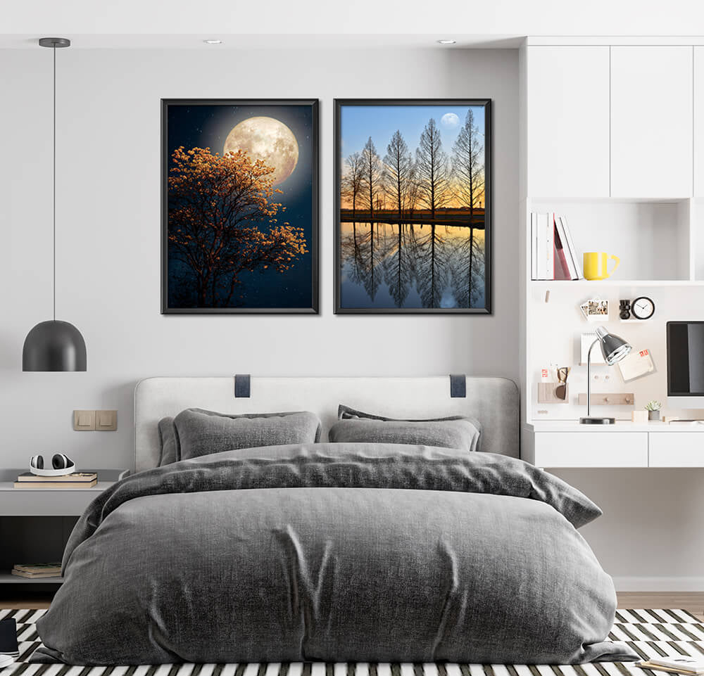 Gorgeous Full Moon in Countryside Trees (2 Panel) Nature Wall Art