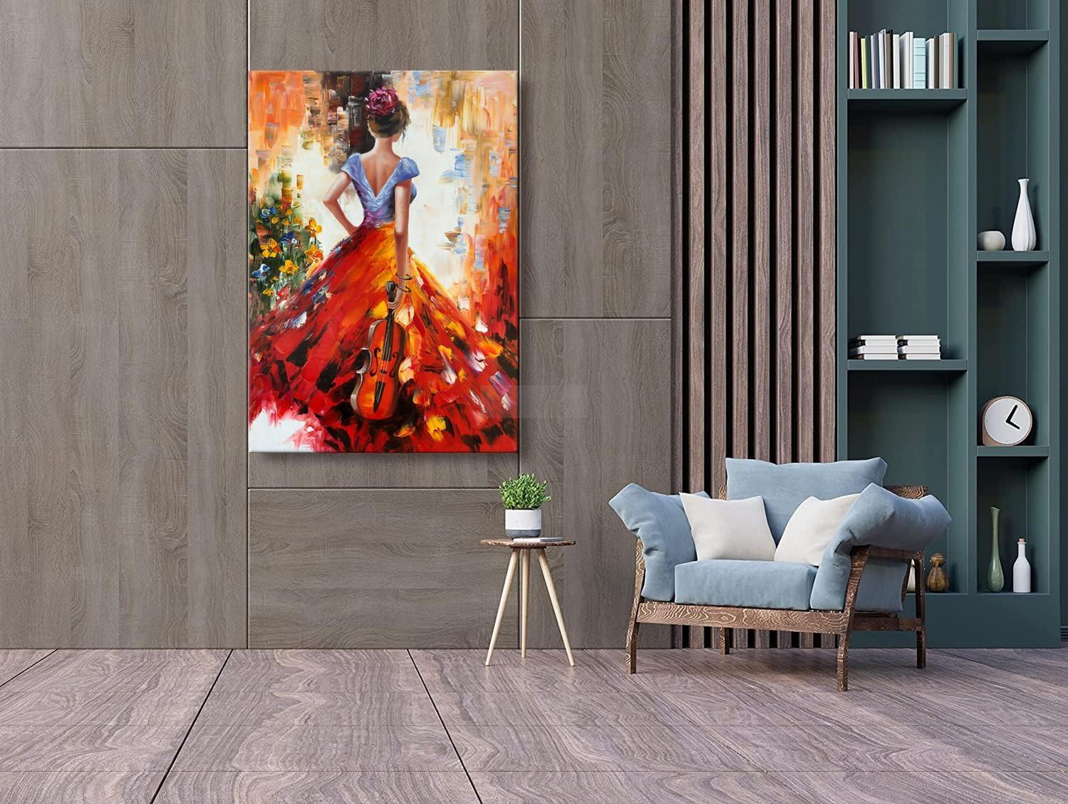 Hand Painted Figurative Vertical Canvas Wall Art Musical Girl Modern 3D Wall Paintings Contemporary Art for Home Decorations Wall Decor Ready to Hang-Painting-BEESARI