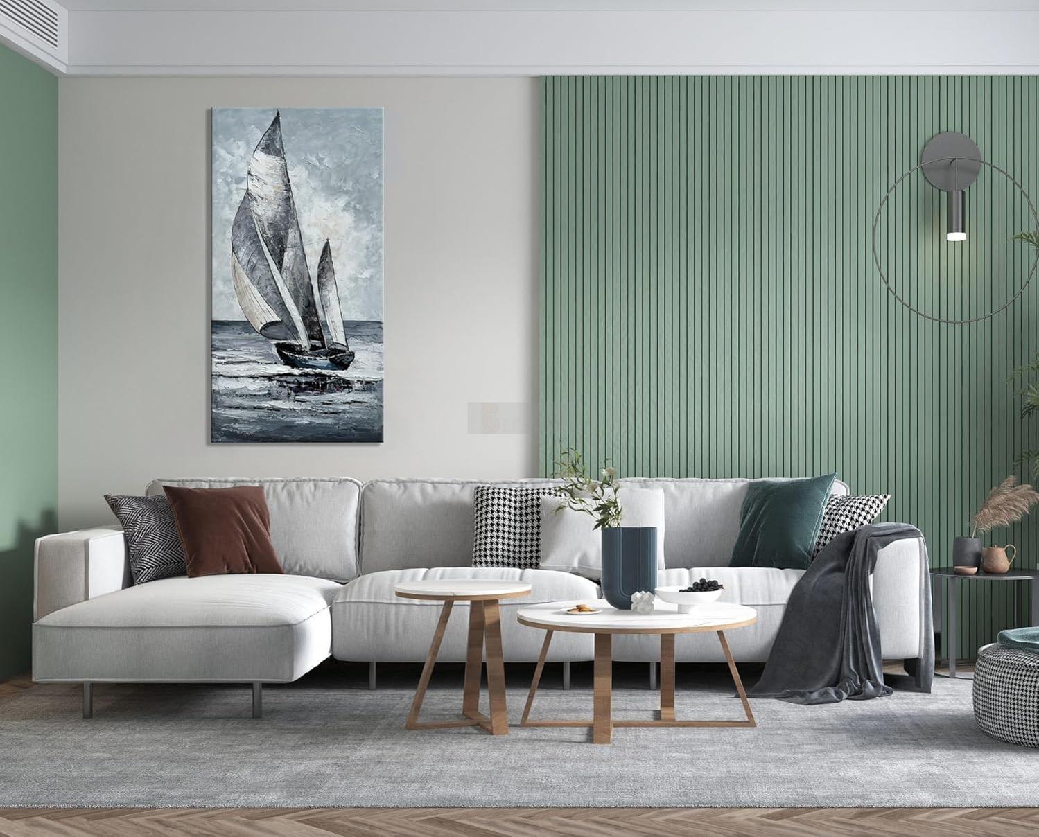 Hand Painted Large Sailboat Canvas Wall Art Abstract Modern Acrylic Oil Painting Vertical Sailing Boat Framed Textured Wall Art Gray Artwork Contemporary Art-Painting-BEESARI