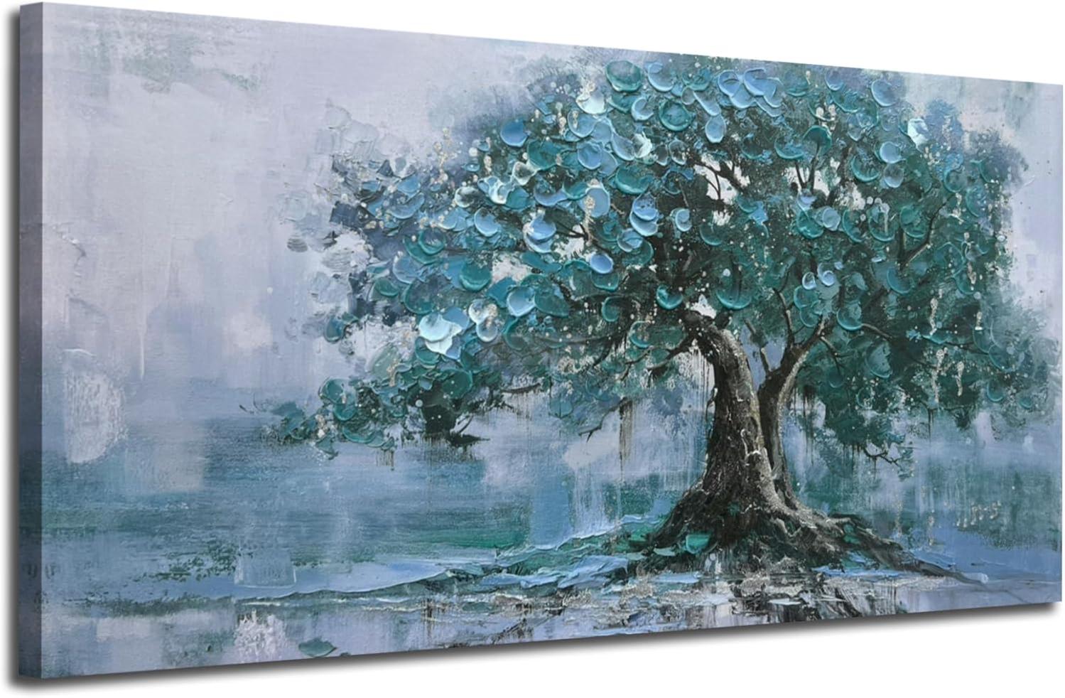 Hand-Painted Tree Canvas Wall Art Teal Tree of Life Landscape Painting Modern Nature Painting, Abstract Blue Artwork for Living Room Bedroom Bathroom Dinning Room Home Office Wall Decor-Painting-BEESARI