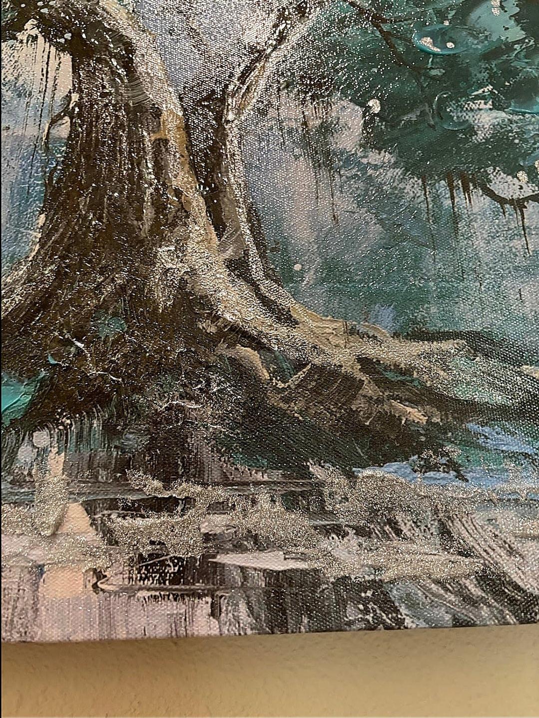 Hand-Painted Tree Canvas Wall Art Teal Tree of Life Landscape Painting Modern Nature Painting, Abstract Blue Artwork for Living Room Bedroom Bathroom Dinning Room Home Office Wall Decor-Painting-BEESARI