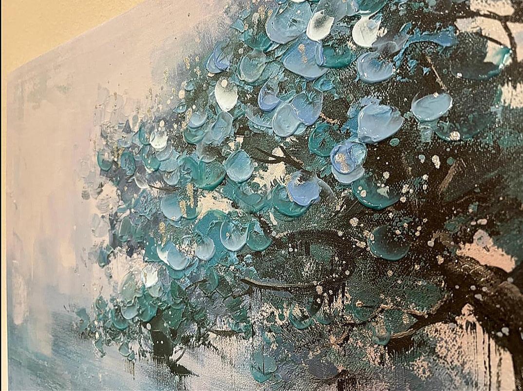 Hand-Painted Tree Canvas Wall Art Teal Tree of Life Landscape Painting Modern Nature Painting, Abstract Blue Artwork for Living Room Bedroom Bathroom Dinning Room Home Office Wall Decor-Painting-BEESARI