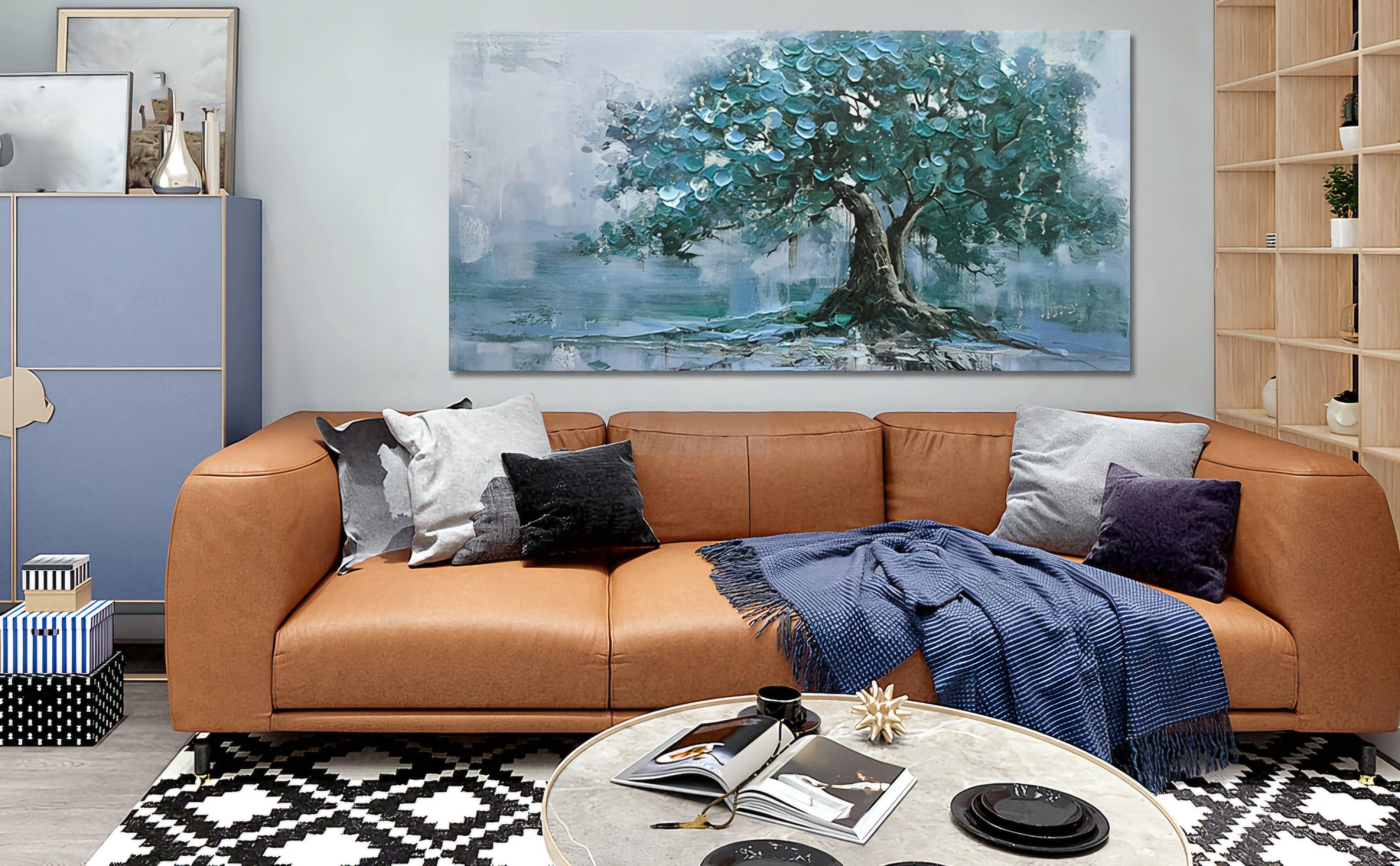 Hand-Painted Tree Canvas Wall Art Teal Tree of Life Landscape Painting Modern Nature Painting, Abstract Blue Artwork for Living Room Bedroom Bathroom Dinning Room Home Office Wall Decor-Painting-BEESARI