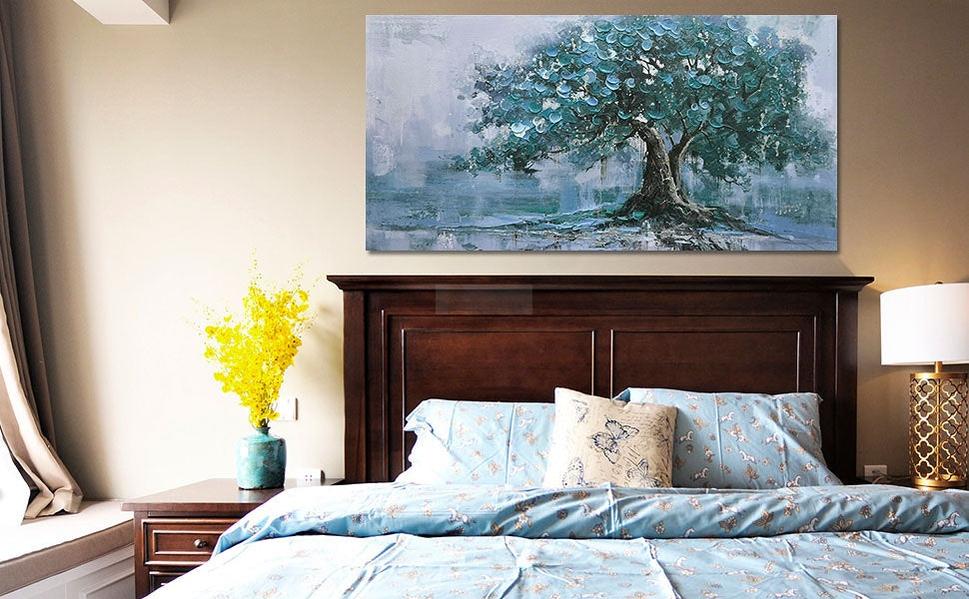Hand-Painted Tree Canvas Wall Art Teal Tree of Life Landscape Painting Modern Nature Painting, Abstract Blue Artwork for Living Room Bedroom Bathroom Dinning Room Home Office Wall Decor-Painting-BEESARI