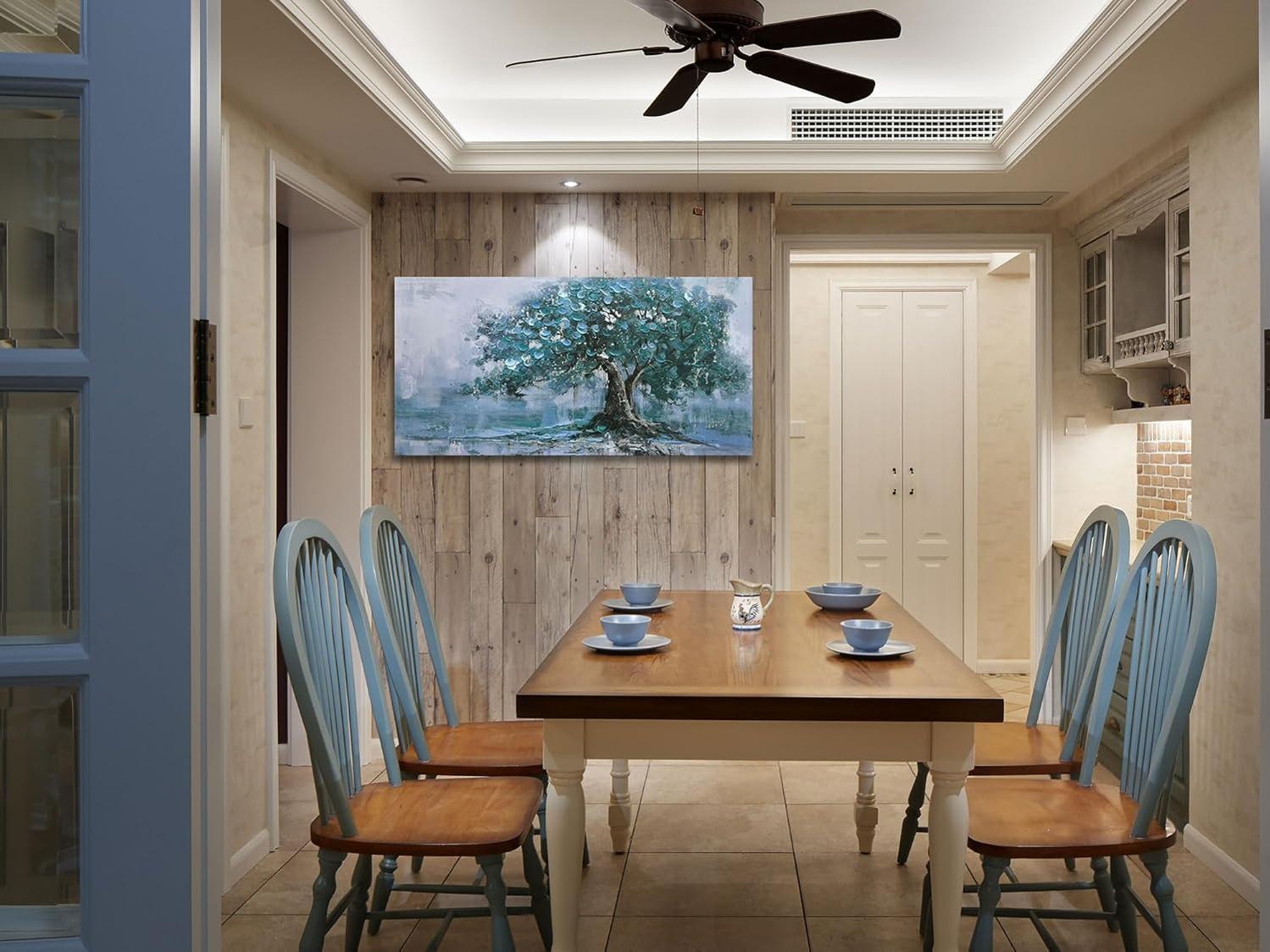 Hand-Painted Tree Canvas Wall Art Teal Tree of Life Landscape Painting Modern Nature Painting, Abstract Blue Artwork for Living Room Bedroom Bathroom Dinning Room Home Office Wall Decor-Painting-BEESARI