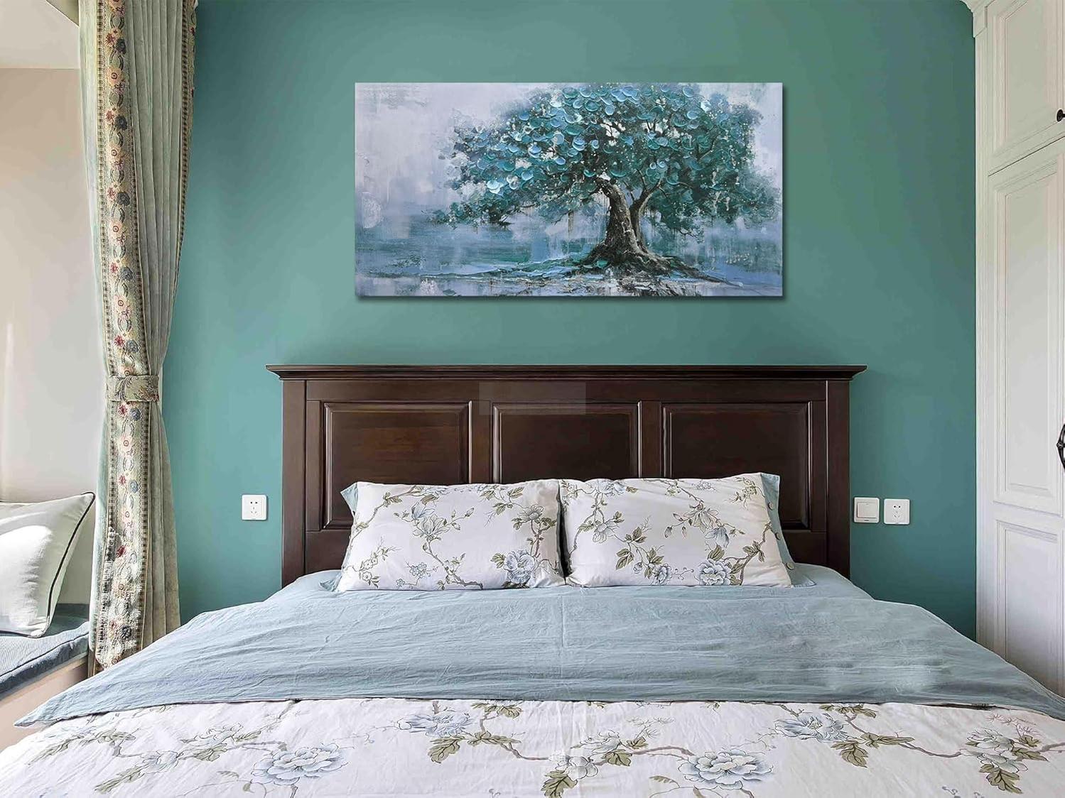 Hand-Painted Tree Canvas Wall Art Teal Tree of Life Landscape Painting Modern Nature Painting, Abstract Blue Artwork for Living Room Bedroom Bathroom Dinning Room Home Office Wall Decor-Painting-BEESARI