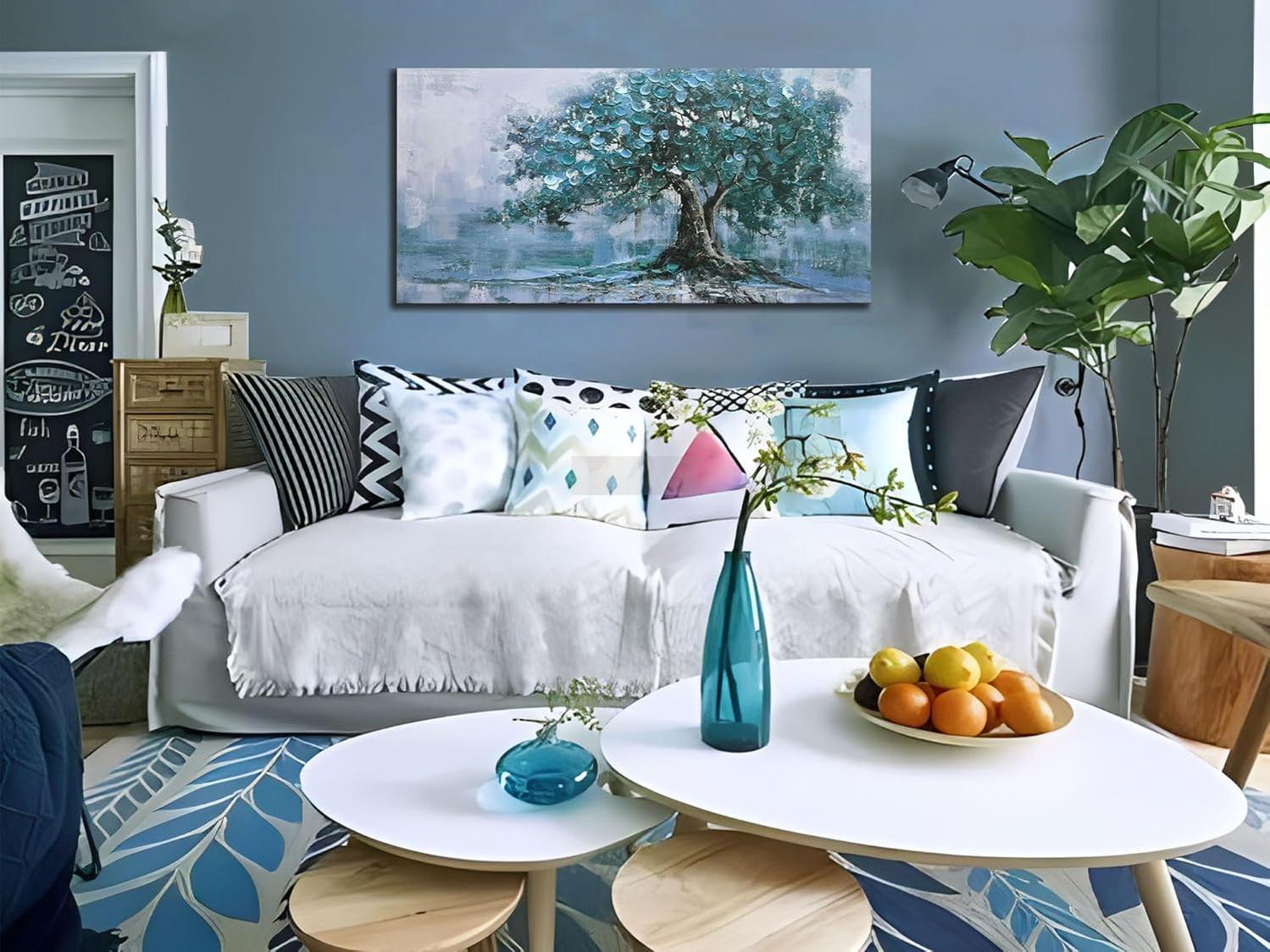 Hand-Painted Tree Canvas Wall Art Teal Tree of Life Landscape Painting Modern Nature Painting, Abstract Blue Artwork for Living Room Bedroom Bathroom Dinning Room Home Office Wall Decor-Painting-BEESARI