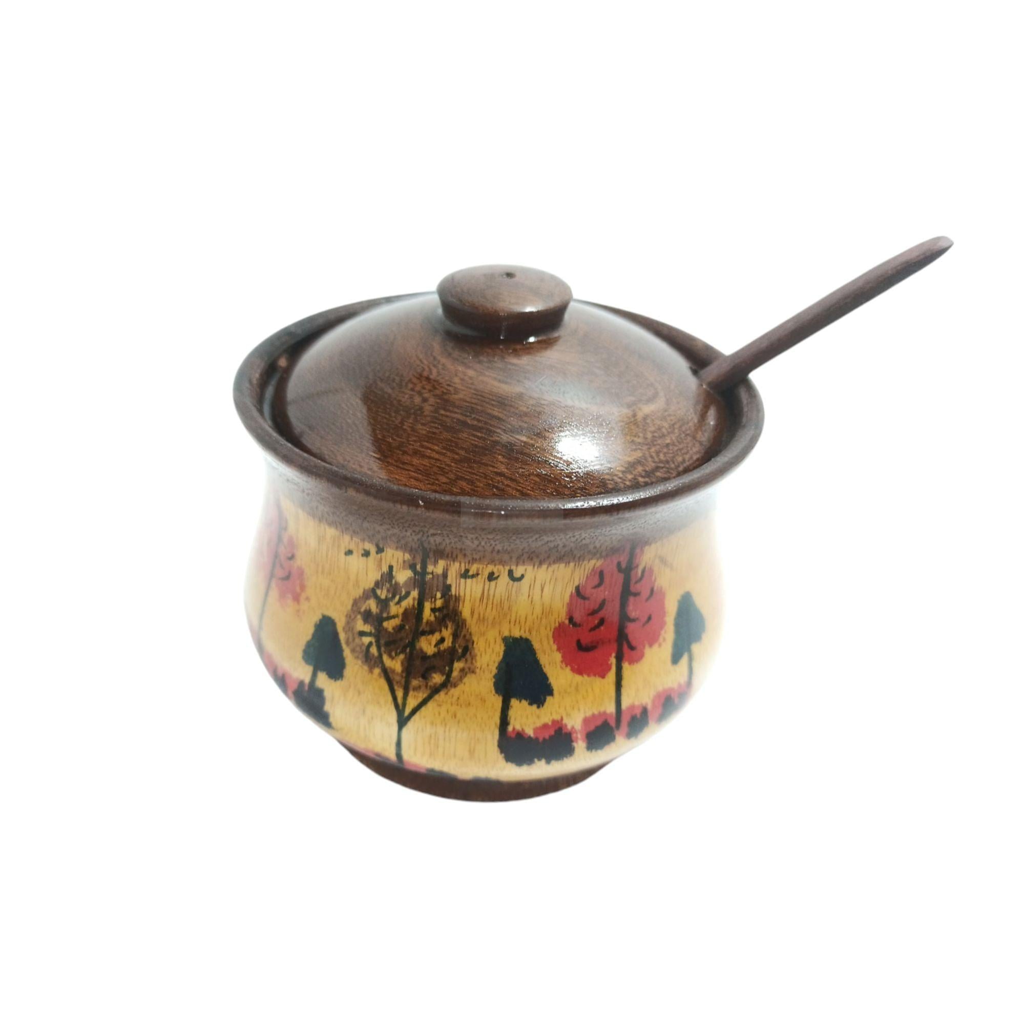 Hand Painted Wooden Sugar Pot with Spoon-Jars-BEESARI
