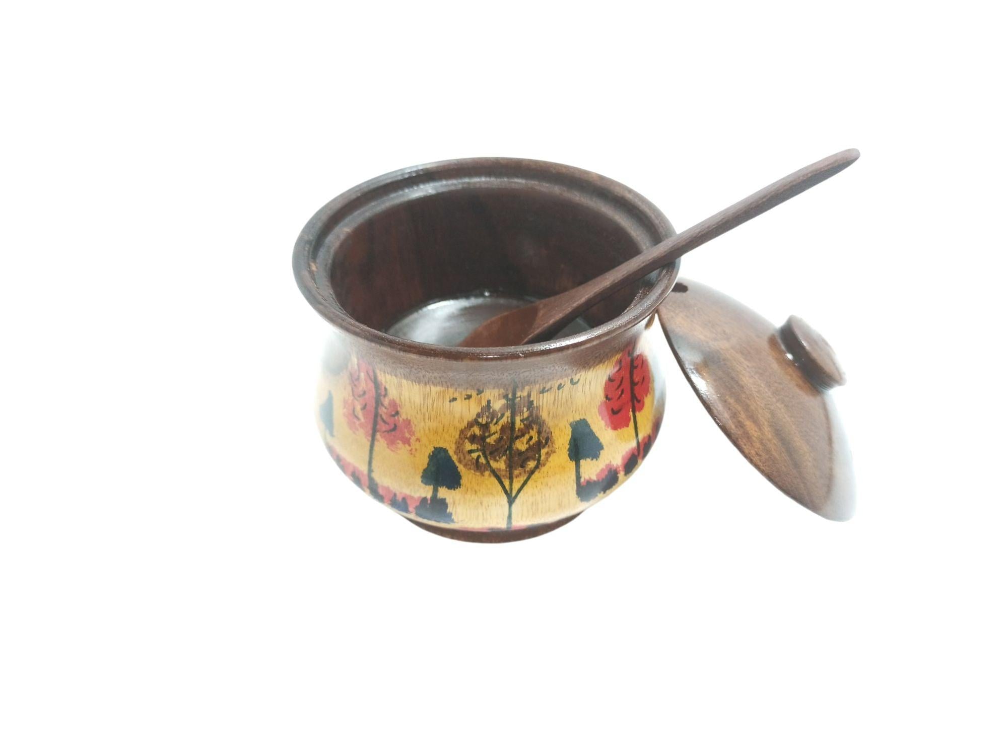 Hand Painted Wooden Sugar Pot with Spoon-Jars-BEESARI