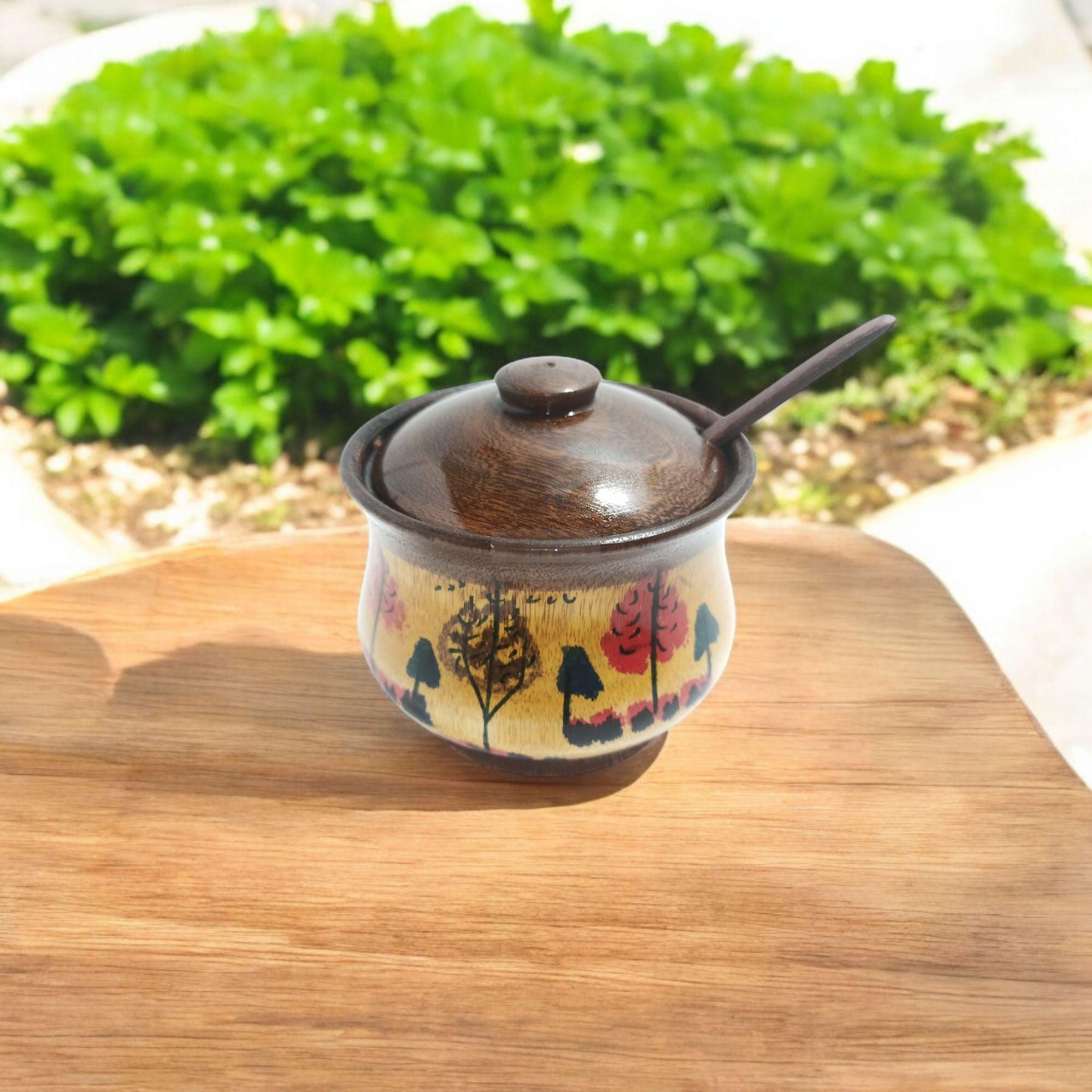 Hand Painted Wooden Sugar Pot with Spoon-Jars-BEESARI