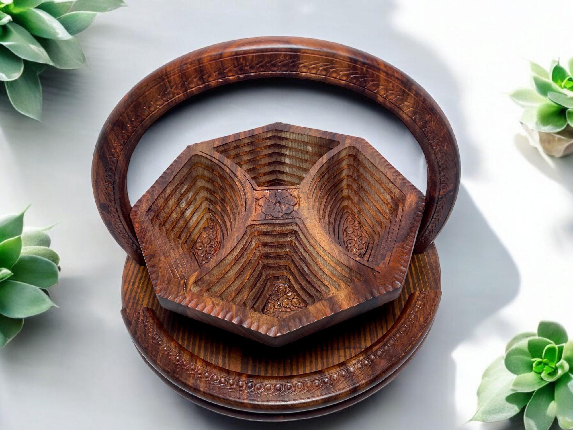 Handcrafted Rosewood Foldable Dry Fruits Serving Tray-Trays-BEESARI
