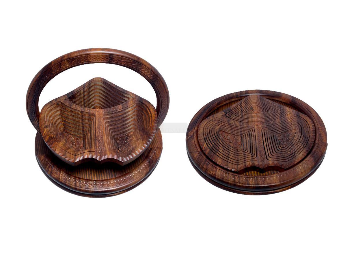 Handcrafted Rosewood Foldable Round Leaf Shape Dry Fruits Tray-Trays-BEESARI
