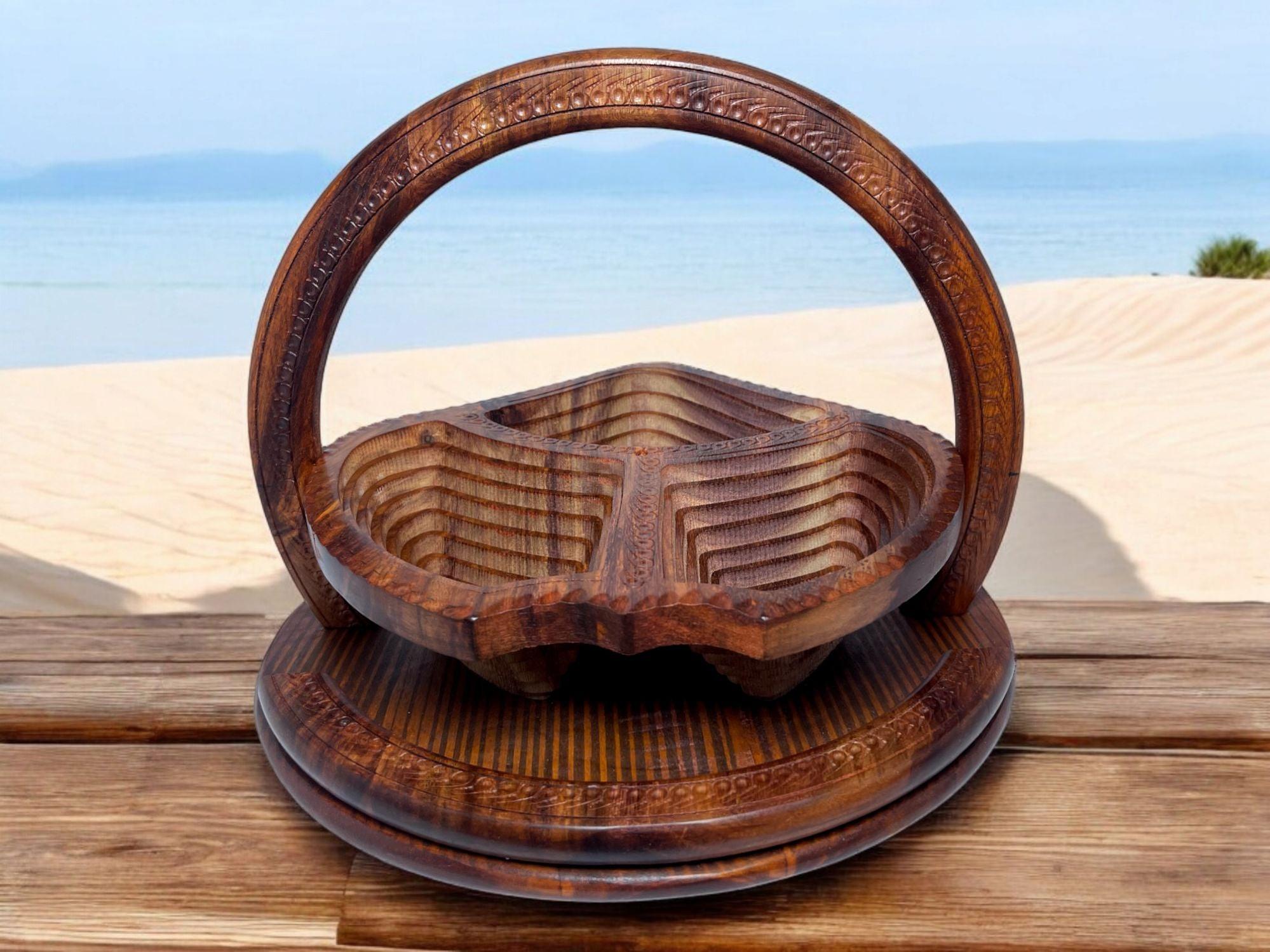 Handcrafted Rosewood Foldable Round Leaf Shape Dry Fruits Tray-Trays-BEESARI