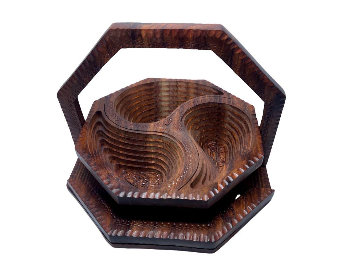 Handcrafted Rosewood Foldable Three-Portion Dry Fruit Tray-Trays-BEESARI