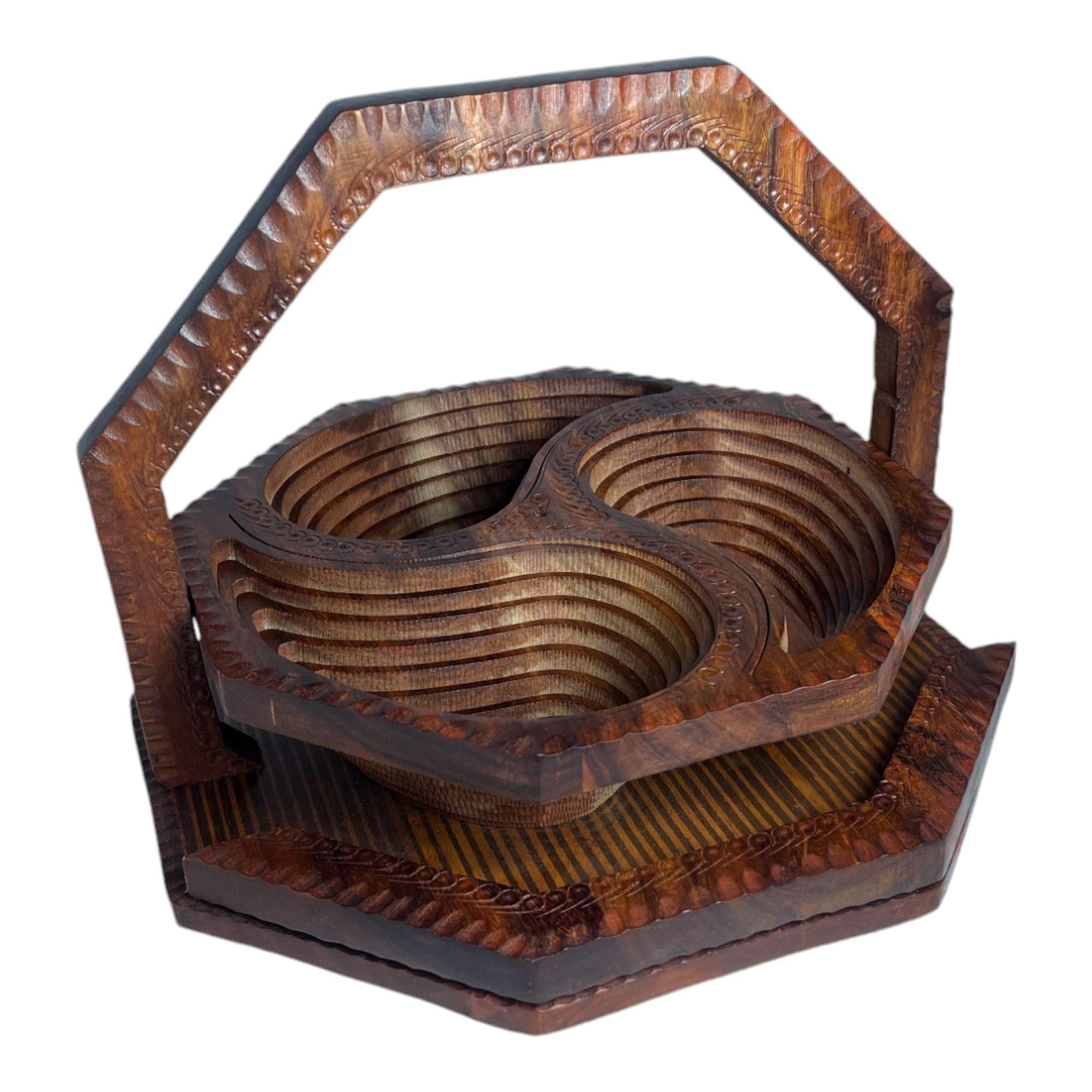 Handcrafted Rosewood Foldable Three-Portion Dry Fruit Tray-Trays-BEESARI
