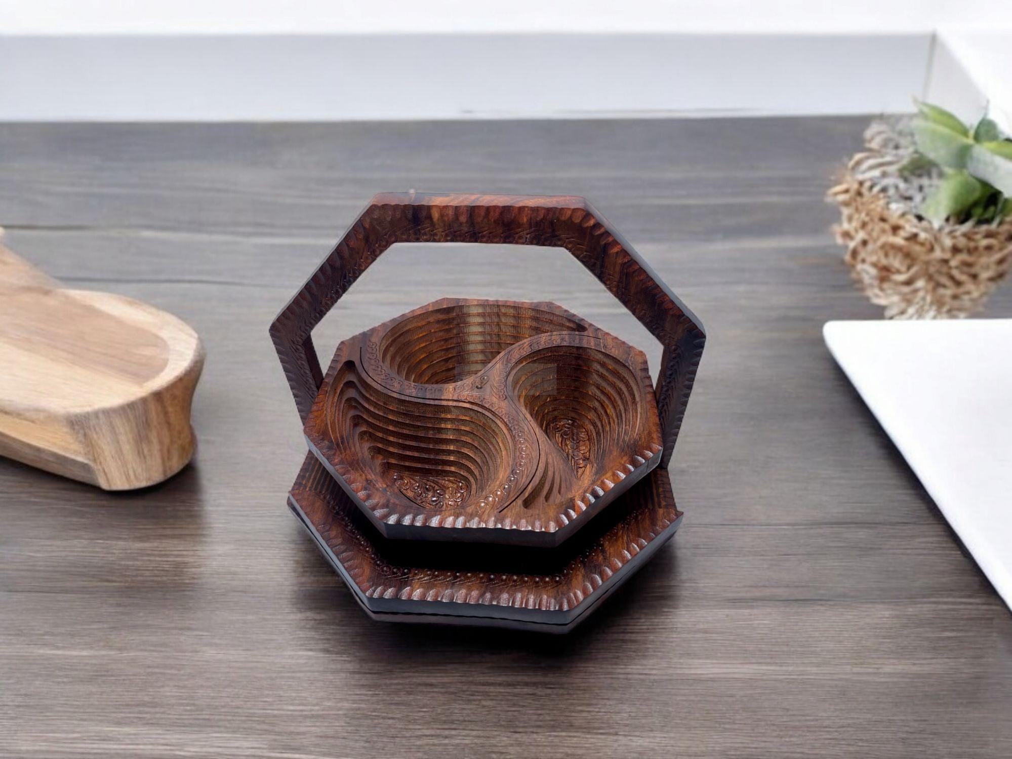 Handcrafted Rosewood Foldable Three-Portion Dry Fruit Tray-Trays-BEESARI