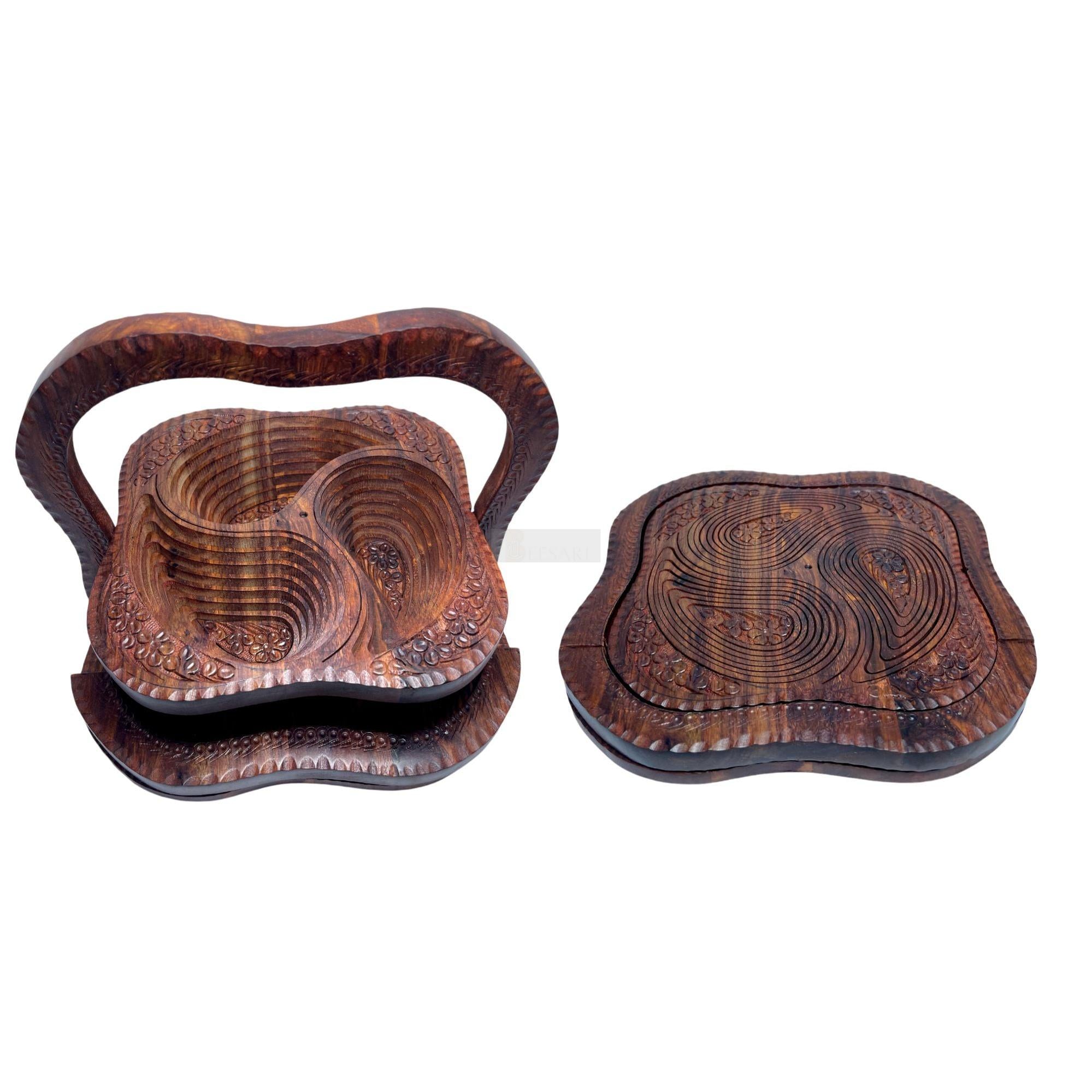 Handcrafted Rosewood Square 3 Portion Foldable Tray-Trays-BEESARI