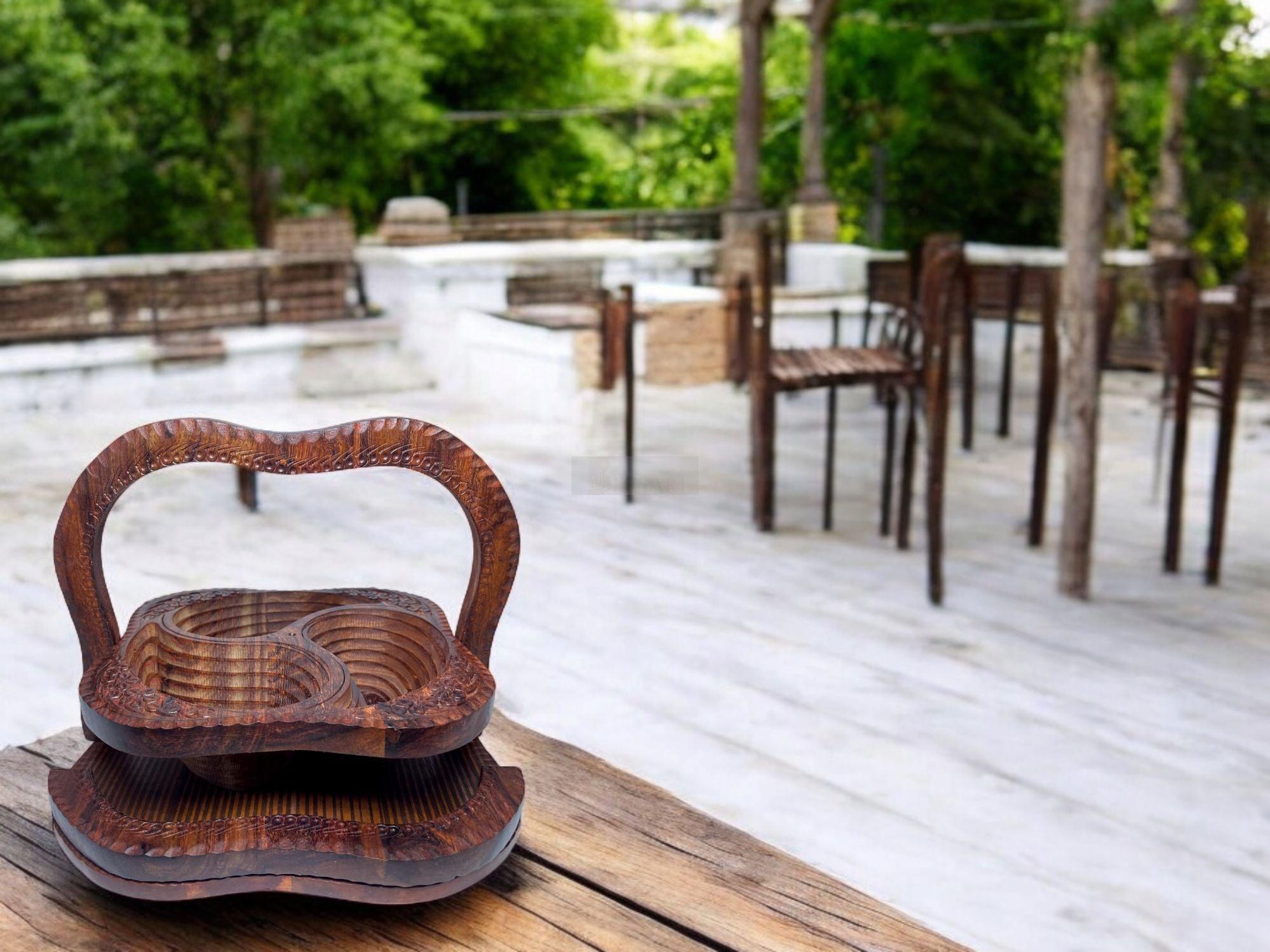Handcrafted Rosewood Square 3 Portion Foldable Tray-Trays-BEESARI