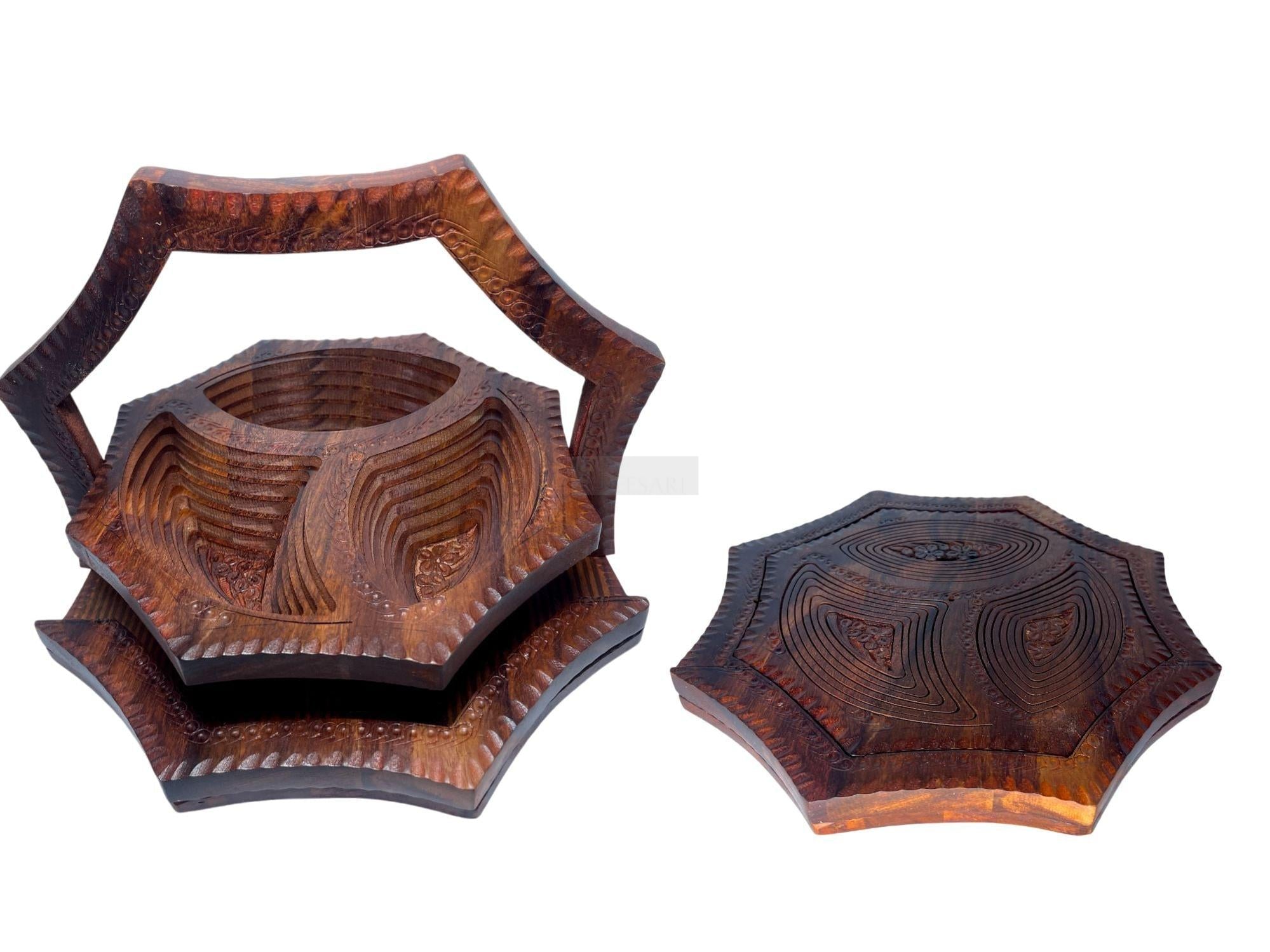 Handcrafted Rosewood Star Shape 3 Portion Foldable Tray-Trays-BEESARI