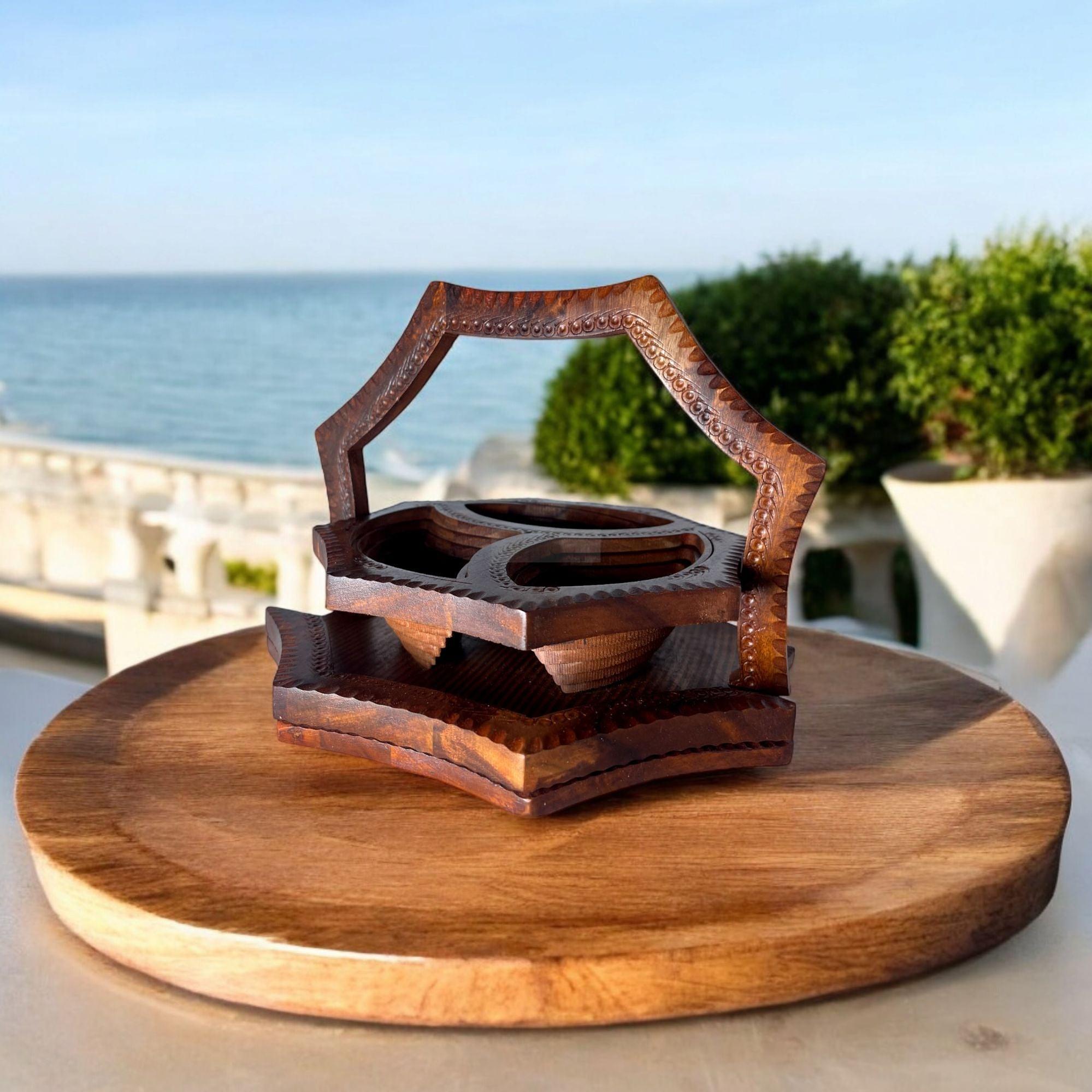 Handcrafted Rosewood Star Shape 3 Portion Foldable Tray-Trays-BEESARI