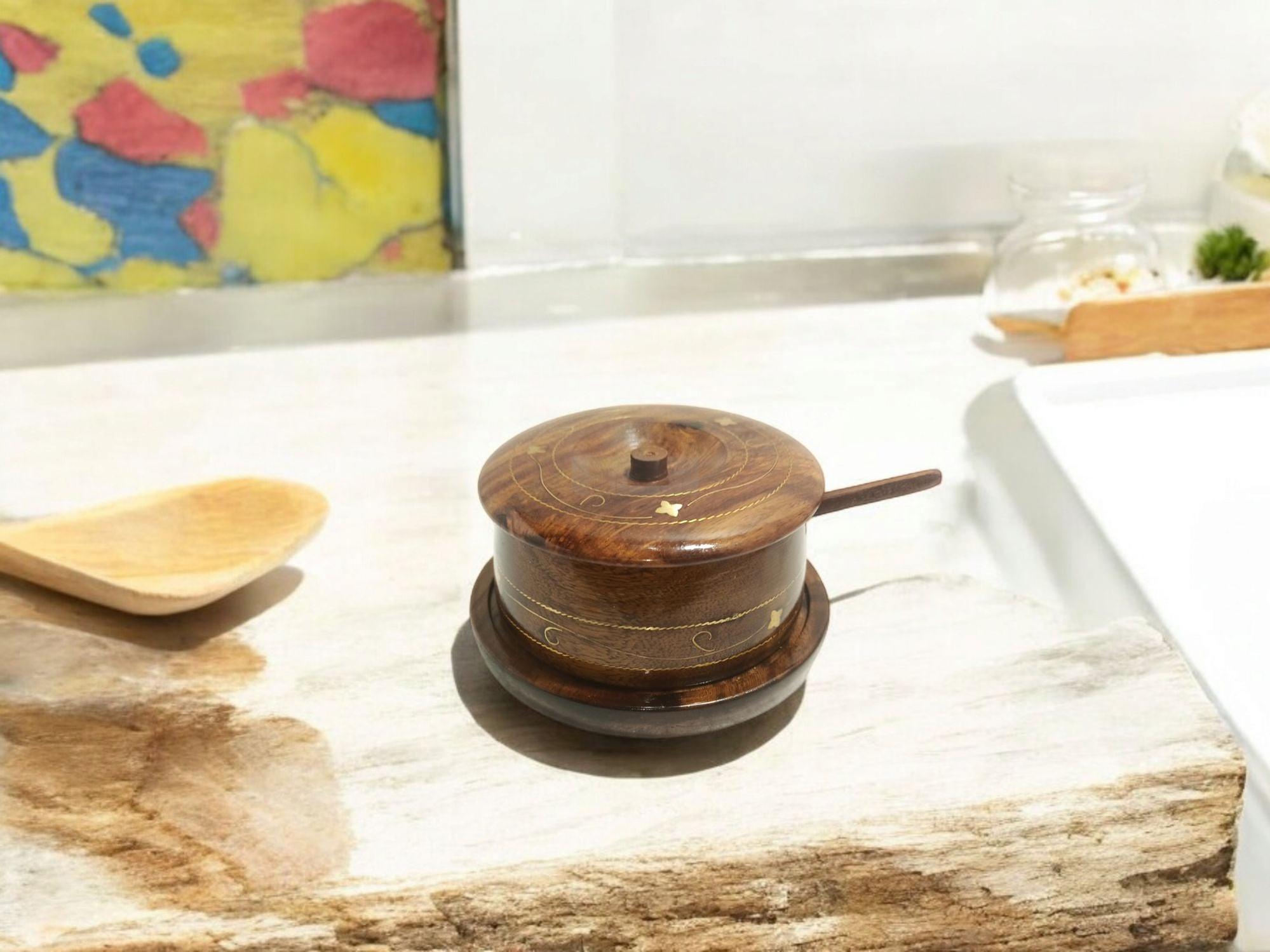 Handcrafted Rosewood Sugar Pot with Spoon-Jars-BEESARI