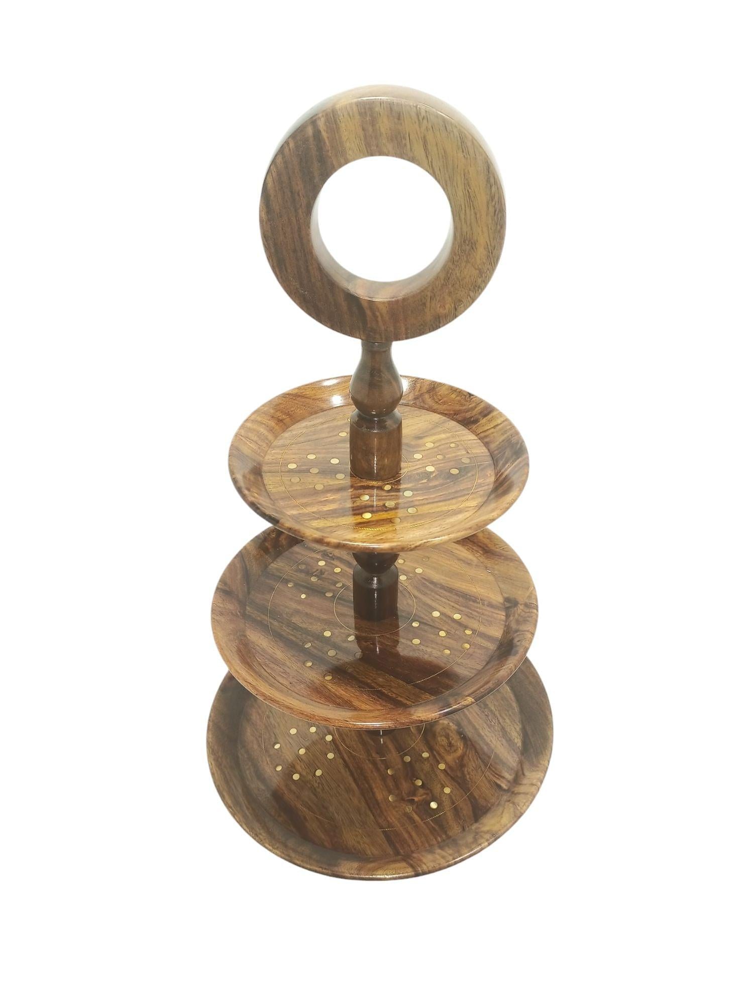 Handcrafted Rosewood Three-Tier Cake Tray with Brass Inlay-Trays-BEESARI